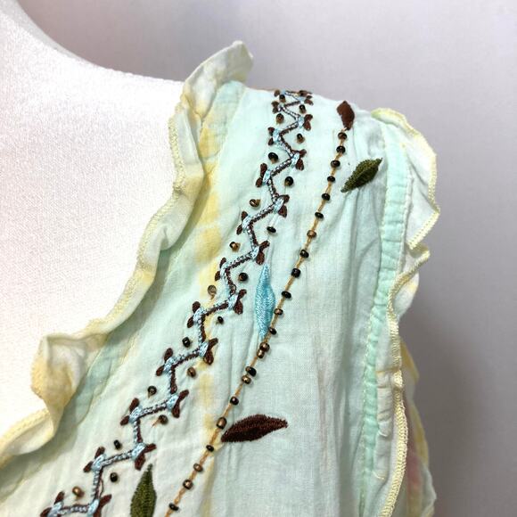 Vintage Y2K Tokyo Denim Bank Yellow Silk Hippie Embroidery Bead Tank Blouse Top - Picture 4 of 12